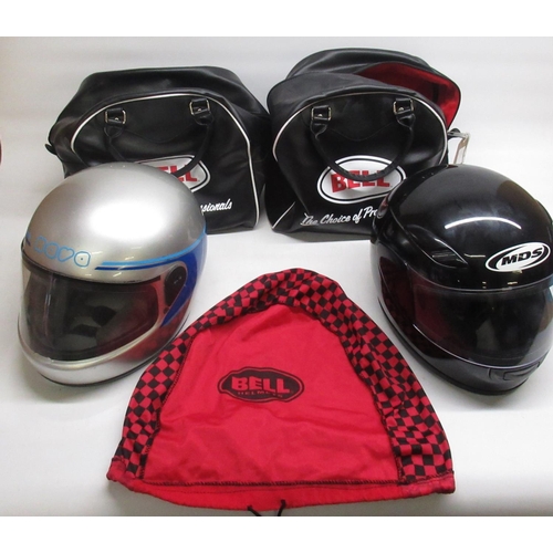 503 - MDS and MOVO motorcycle helmets in 2 black leather Bell helmet bags, with a red Bell Custom 500 helm... 