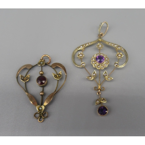 609 - 9ct yellow gold drop pendant set with purple stones and seed pearls, and another similar 9ct yellow ... 