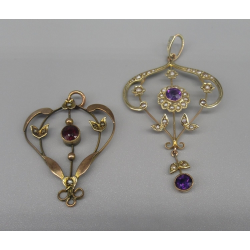 609 - 9ct yellow gold drop pendant set with purple stones and seed pearls, and another similar 9ct yellow ... 