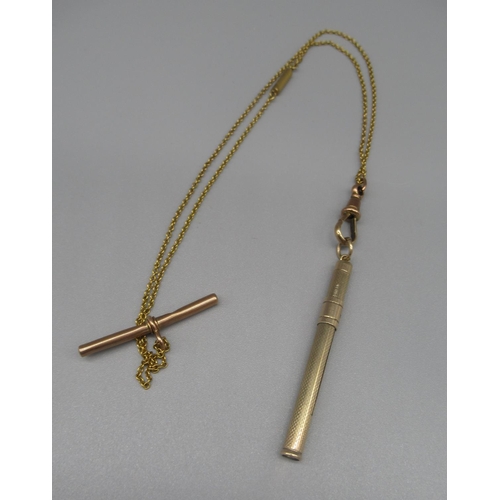 614 - 9ct yellow gold telescopic toothpick, stamped 375, on 9ct yellow metal chain, unmarked, with 9ct yel... 