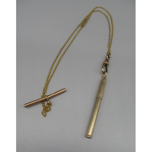 614 - 9ct yellow gold telescopic toothpick, stamped 375, on 9ct yellow metal chain, unmarked, with 9ct yel... 