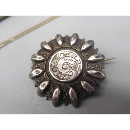 623 - Edwardian hallmarked Sterling silver circular mourning brooch with panel back, a silver pendant neck... 