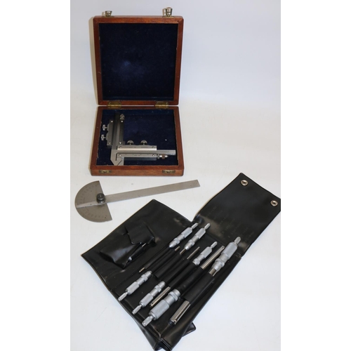 364 - Moore & Wright cased set of hole gauges, Moore & Wright no.46 protractor and C.A. Gray Ritefeel 1/10... 