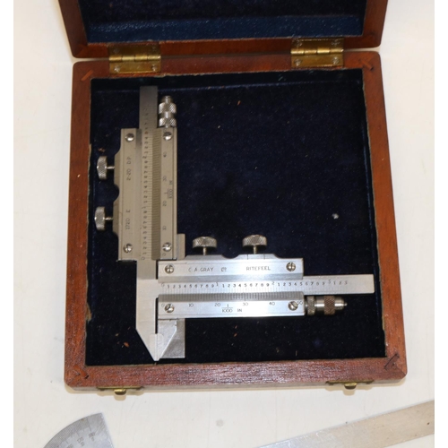 364 - Moore & Wright cased set of hole gauges, Moore & Wright no.46 protractor and C.A. Gray Ritefeel 1/10... 