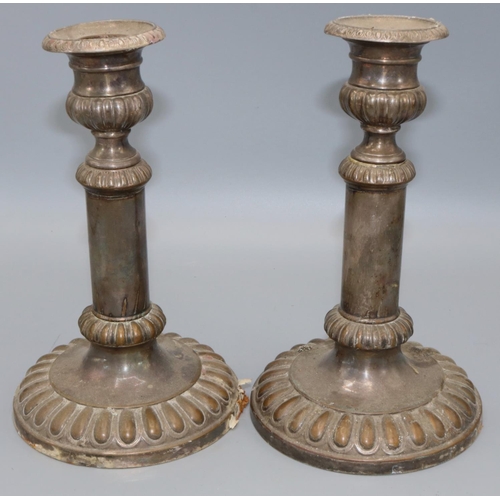 367 - Pair of Sheffield plate telescopic candle sticks on circular gadrooned bases, maximum H25cm