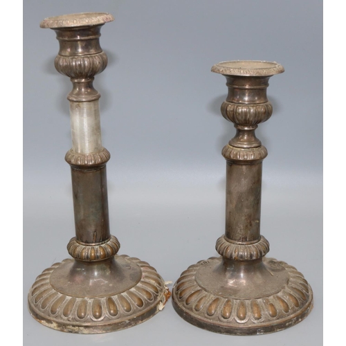 367 - Pair of Sheffield plate telescopic candle sticks on circular gadrooned bases, maximum H25cm