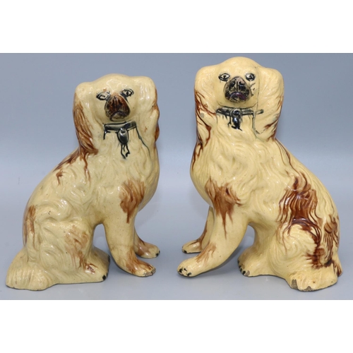 368 - Pair of C19th Staffordshire brown glazed hollow models of Spaniels with black muzzles and collars, H... 