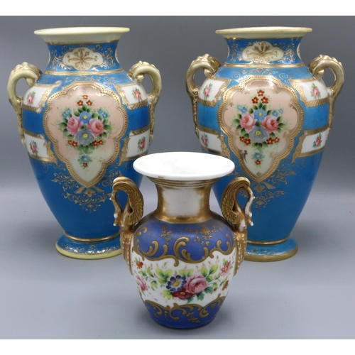 370 - C20th pair of twin handled baluster vases, sky blue ground the panels decorated with floral sprays w... 