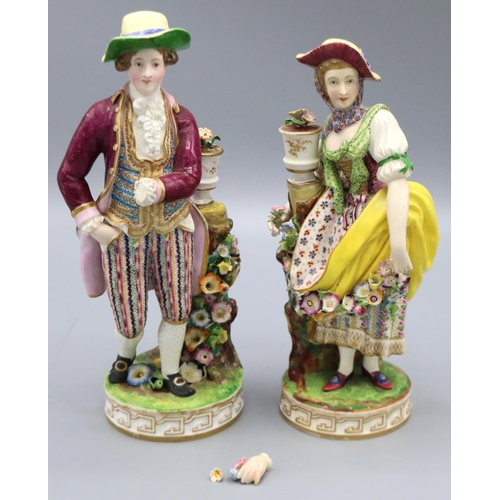 372 - Pair of C19th Continental porcelain models of lady and gentleman gardeners, both in C18th dress with... 