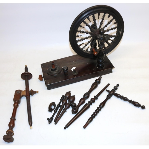 373 - C19th table top mahogany spinning wheel H28.5cm (incomplete) and other C19th needlework related acce... 