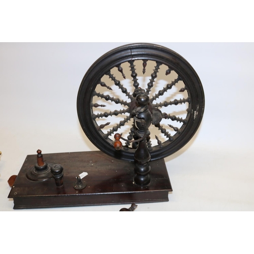 373 - C19th table top mahogany spinning wheel H28.5cm (incomplete) and other C19th needlework related acce... 