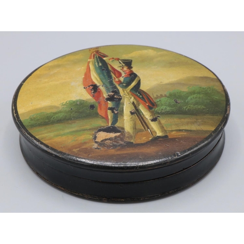 276 - Of Napoleonic War interest: early C19th French papier-mache circular snuff box, the lid painted with... 