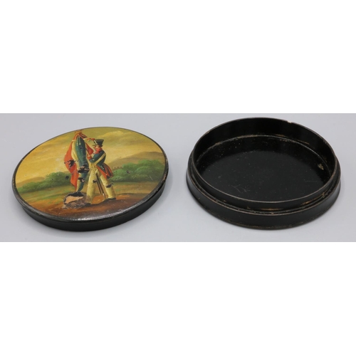 276 - Of Napoleonic War interest: early C19th French papier-mache circular snuff box, the lid painted with... 