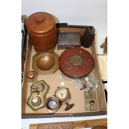 279 - Hammered copper ashtray with brass feet, Japanese tobacco box, brass 'Galley' sign marked Nauticalia... 