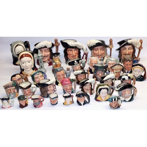 286 - Large collection of Royal Doulton character jugs, incl. The Three Musketeers Athos D6439, Porthos D6... 