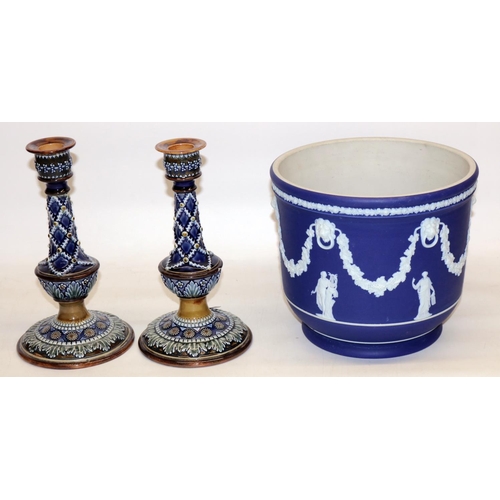 391 - Large Wedgwood dark blue jasperware jardiniere, H21cm; and a pair of Doulton Lambeth candlesticks c1... 