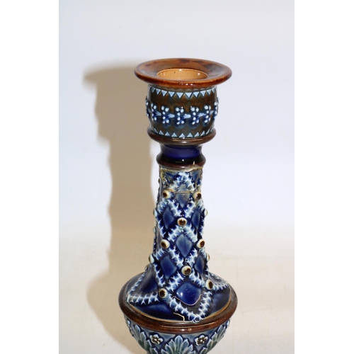 391 - Large Wedgwood dark blue jasperware jardiniere, H21cm; and a pair of Doulton Lambeth candlesticks c1... 