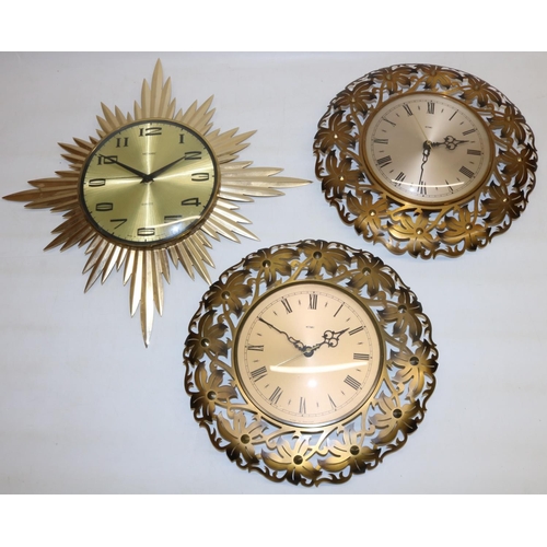 486 - Metamec gold finish sunburst wall clock, signed gold finish dial with Arabic numerals and centre sec... 