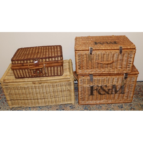 797A - Two Fortnum and Mason wicker hampers with leather straps, 52x34x26cm and 57x39x39cm, and two other w... 