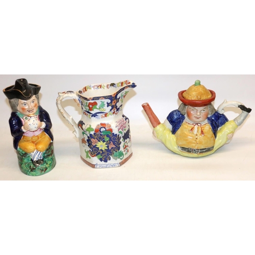 375 - C19th Staffordshire Peg Leg Toby teapot H19cm, Staffordshire cross legged Toby jug H21cm and a C19th... 