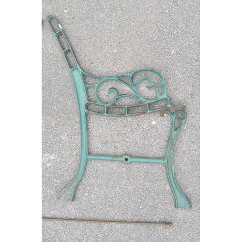 1295 - Pair of vintage cast iron bench ends with spacing bar and another modern steel tube section set of b... 