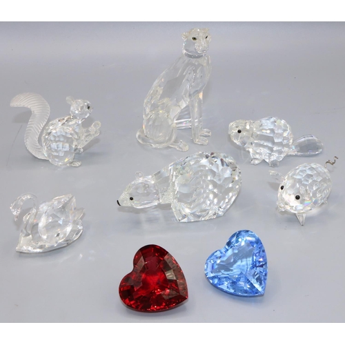 340 - Swarovski Crystal glass ornaments: cheetah; polar bear; pig; squirrel; beaver; swan; red heart; blue... 