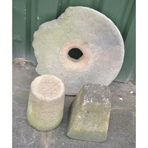 1304 - Stone mill wheel and two garden bases, D61cm max (3)