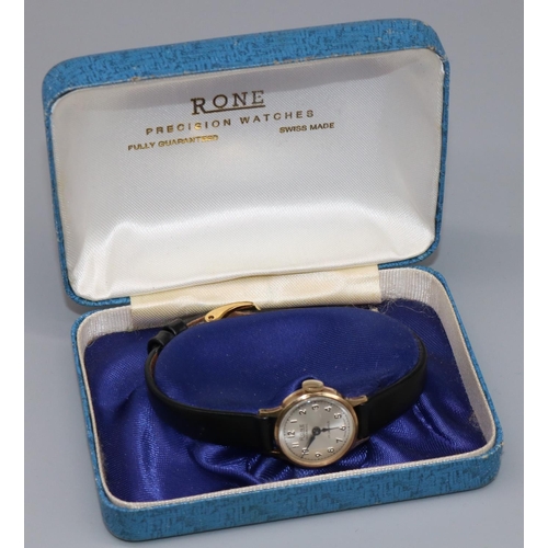 225 - Rone lady's 9ct gold hand wound wristwatch, signed silvered dial with applied Arabic hours and outer... 