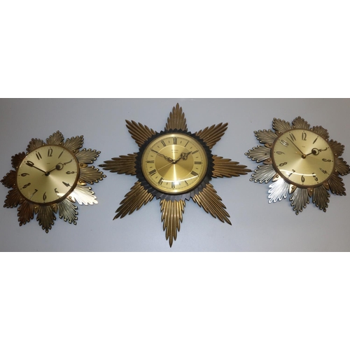 485 - Three late 1970's Metamec sunburst wall clocks, maximum D44cm