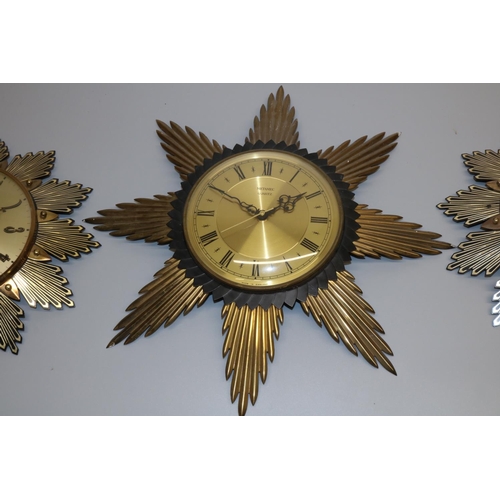 485 - Three late 1970's Metamec sunburst wall clocks, maximum D44cm