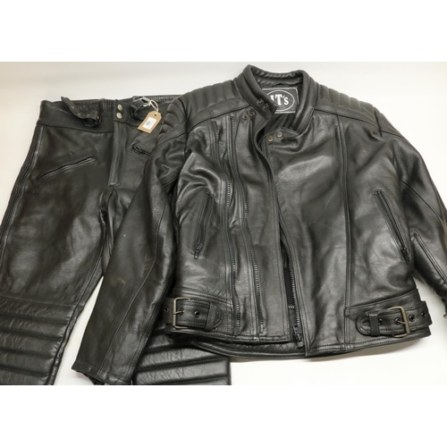 1469 - Set of JT's black motorcycle leathers, comprising size 44 jacket, and  size 34 trousers (2)