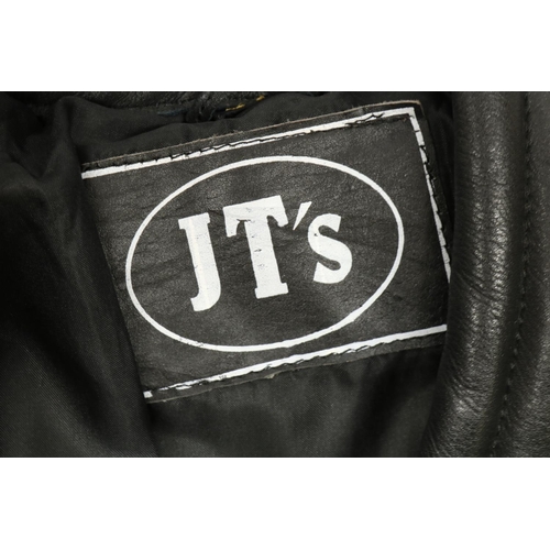 1469 - Set of JT's black motorcycle leathers, comprising size 44 jacket, and  size 34 trousers (2)