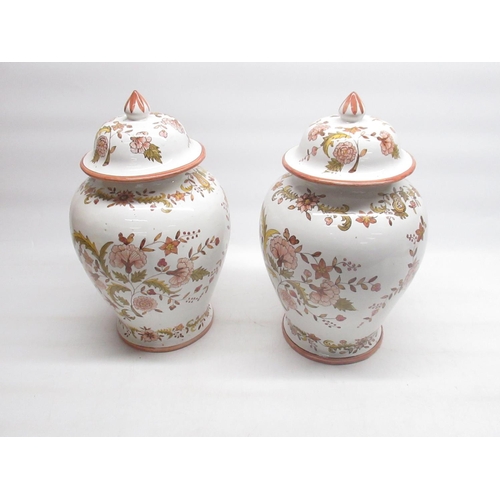 1472 - Pair of C20th Portuguese Faience baluster vases and covers and pointed knop finial, H34cm