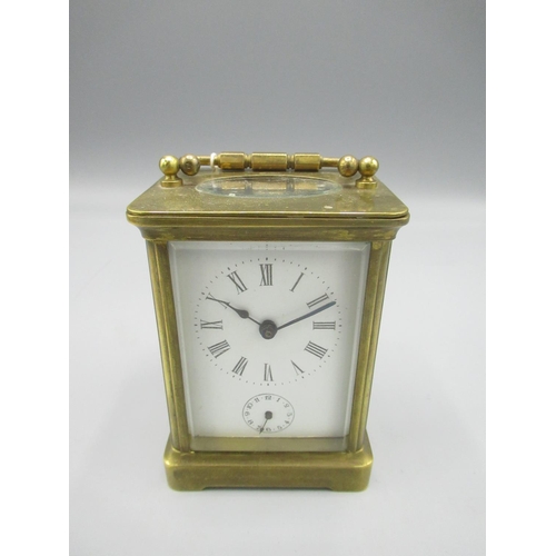 1496 - Early C20th French brass carriage clock alarm, white enamel Roman dial, outer minute track and subsi... 