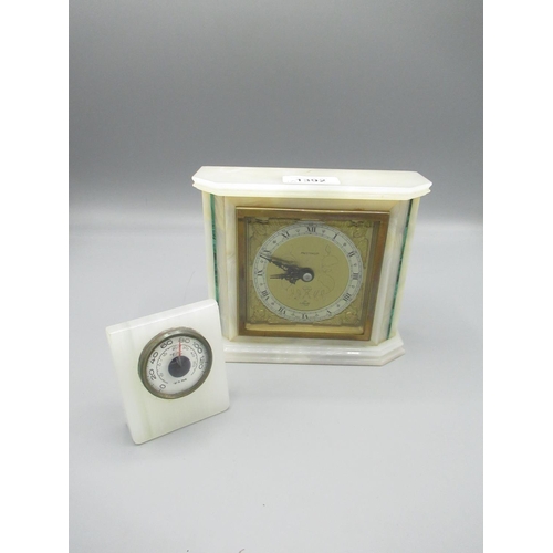 1499 - C20th Elliott mantle timepiece, square brass dial in white onyx case with malachite stringing, W17cm... 