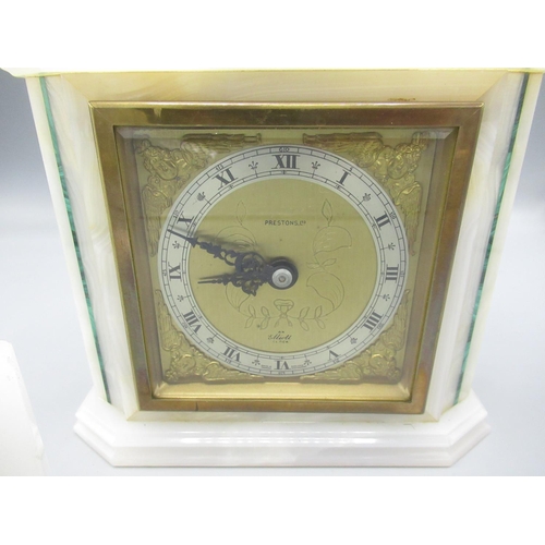 1499 - C20th Elliott mantle timepiece, square brass dial in white onyx case with malachite stringing, W17cm... 