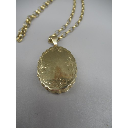 769 - 9ct yellow gold shaped oval locket with floral border, on 9ct yellow gold belcher chain, L51cm, both... 