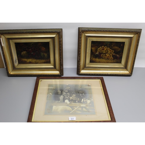 811 - English School (Late C19th); Still life studies of fruit, pair of oils on canvas, 27cm x 24cm and a ... 