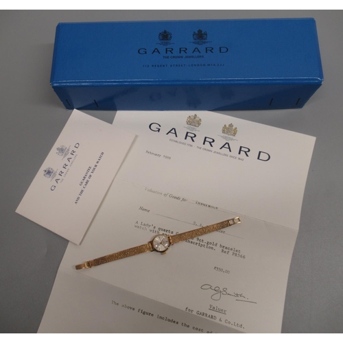 626 - Ladies Garrard quartz wristwatch, 9ct yellow gold bracelet, stamped 375, with engraved inscription t... 