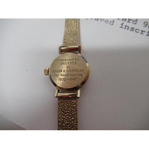 Ladies Garrard quartz wristwatch 9ct yellow gold bracelet stamped 375 with engraved inscription t