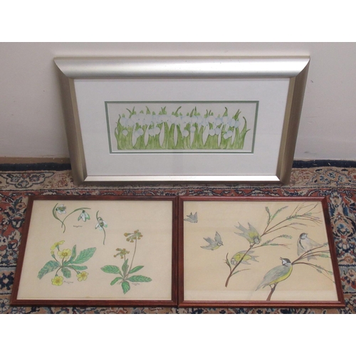 743 - English School (Contemporary); Snowdrops, watercolour, 14cm x 34cm, and a pair of watercolour studie... 