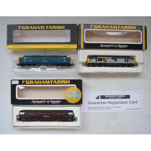 525 - Three boxed Graham Farish N gauge diesel electric train models to include original Farish 8036 Class... 