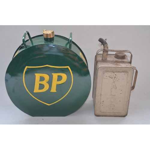 327 - Two steel fuel/oil cans, BP (restored and repainted, possible reproduction), H39cm and a vintage Val... 