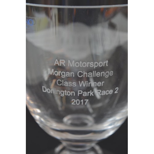 330 - Pair of Krosno glass AR Motorsport Morgan Challenge Class Winner trophy glasses, Donnington Park Rac... 