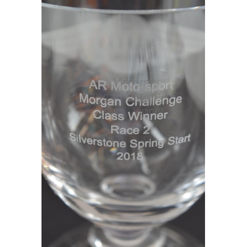 330 - Pair of Krosno glass AR Motorsport Morgan Challenge Class Winner trophy glasses, Donnington Park Rac... 