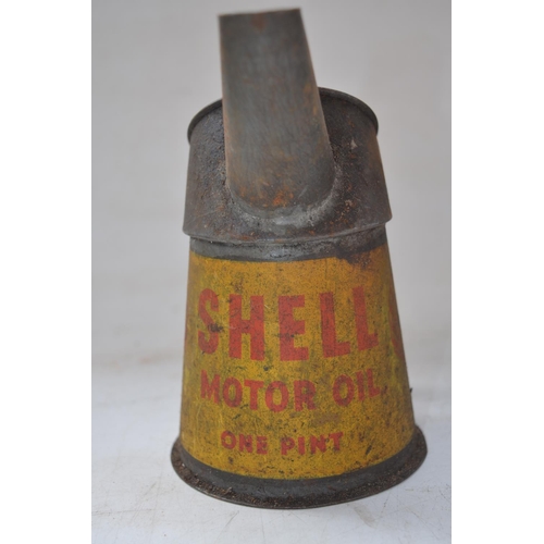 338 - Three vintage oil cans incl. Shell and Castrol (1 unmarked), and other oil cans (some filled) and 3 ... 