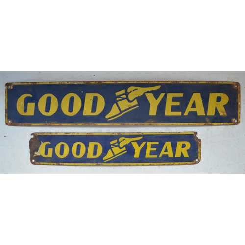 381 - Two plate steel advertising signs for Goodyear, 55.9cm x 10.3cm max (2)