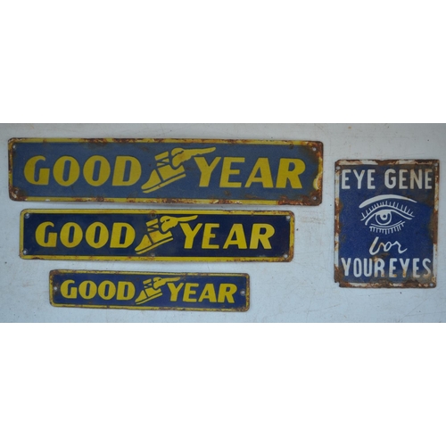 382 - Three plate steel enamel Goodyear advertising signs, and another for Eye Gene For Your Eyes 31.8cm x... 