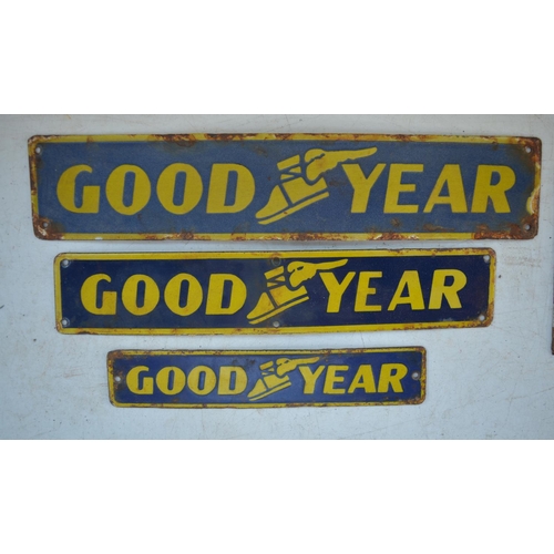 382 - Three plate steel enamel Goodyear advertising signs, and another for Eye Gene For Your Eyes 31.8cm x... 