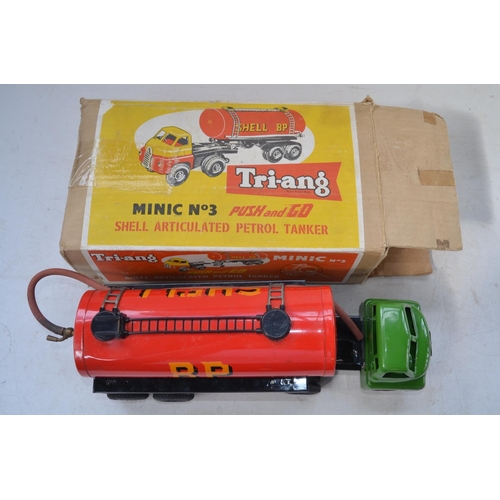 408 - Vintage Tri-ang Minic No3 Push and Go Shell Articulated Petrol Tanker with original box. Model in ex... 